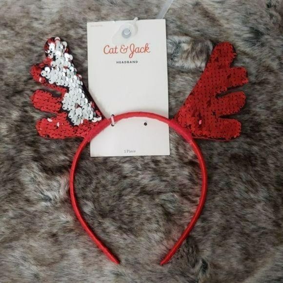 Cat and Jack Red Reindeer Christmas Headband Antlers Sequined - Picture 2 of 4